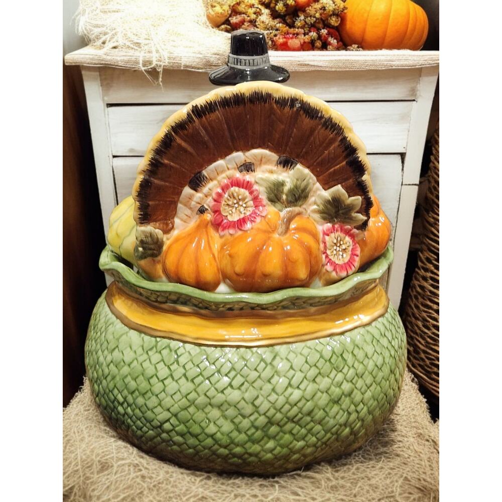 Fitz and Floyd Seasonal Cookie Jar Turkey in Pot of Gourds & Flowers LARGE EUC - Picture 4 of 10